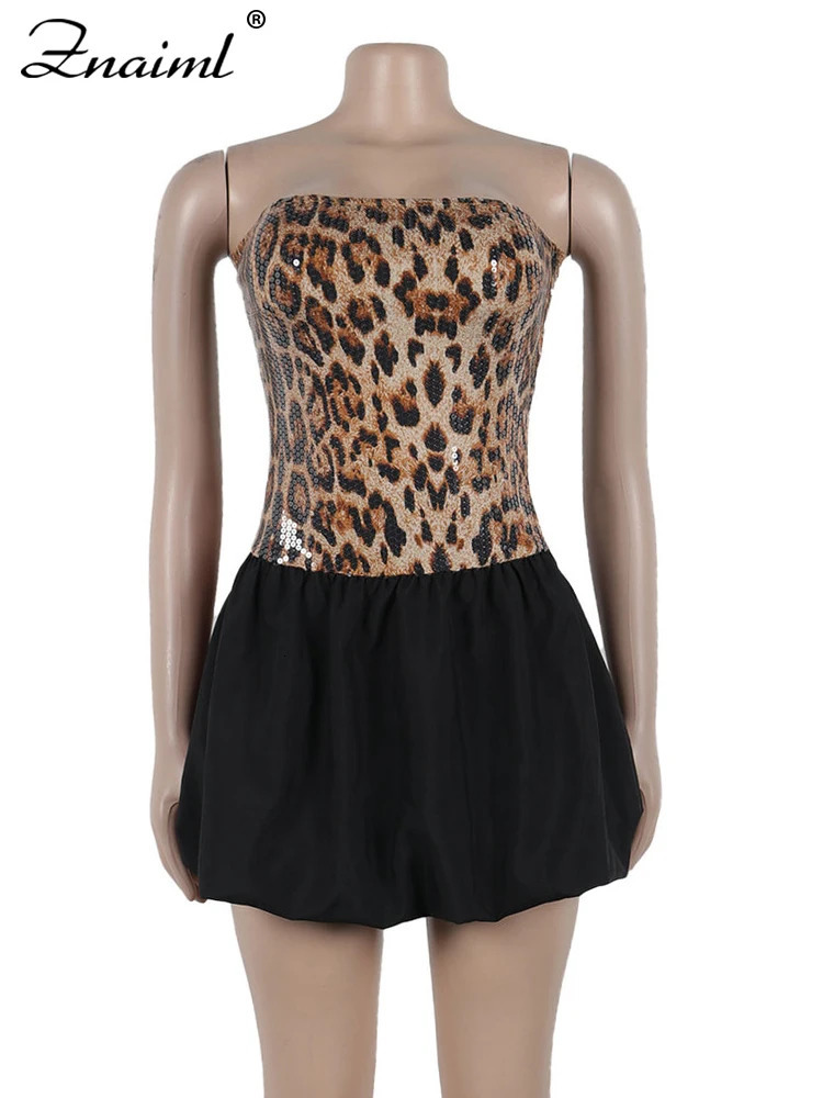 Znaiml Sexy Leopard Print Sequins Patchwork A-line Mini Dresses Woman Off Shoulder Tube Strapless Prom Night Club Short Dress 250225