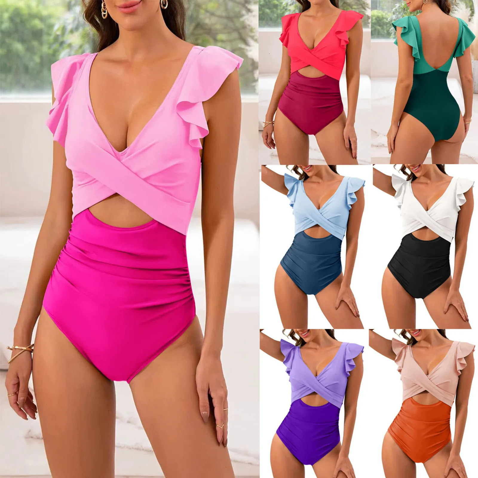 One Piece Swimsuit V Neck Solid Color Backless Tummy Control High Cut Bathing Suit WomenS Swimwear Clothing 2024 Beach Swim 250225