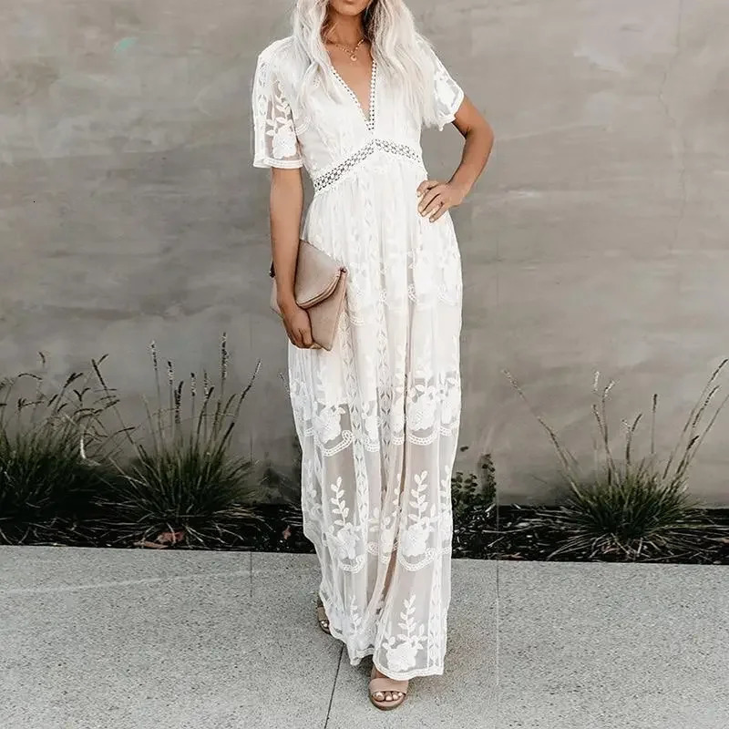 Happie Queens Summer Women Lace Embroidery Long Sleeve V-neck White Chiffon Beach Dress Lady mesh Patchwork Boho Dresses 250222