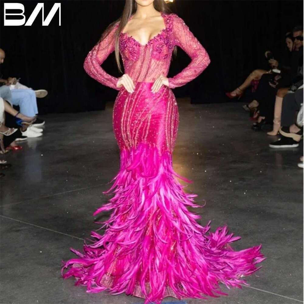 Runway Beading Women Prom Mermaid Contest Walkway Evening Formal Occasion Custom Feathers Long Sleeve Party Dress