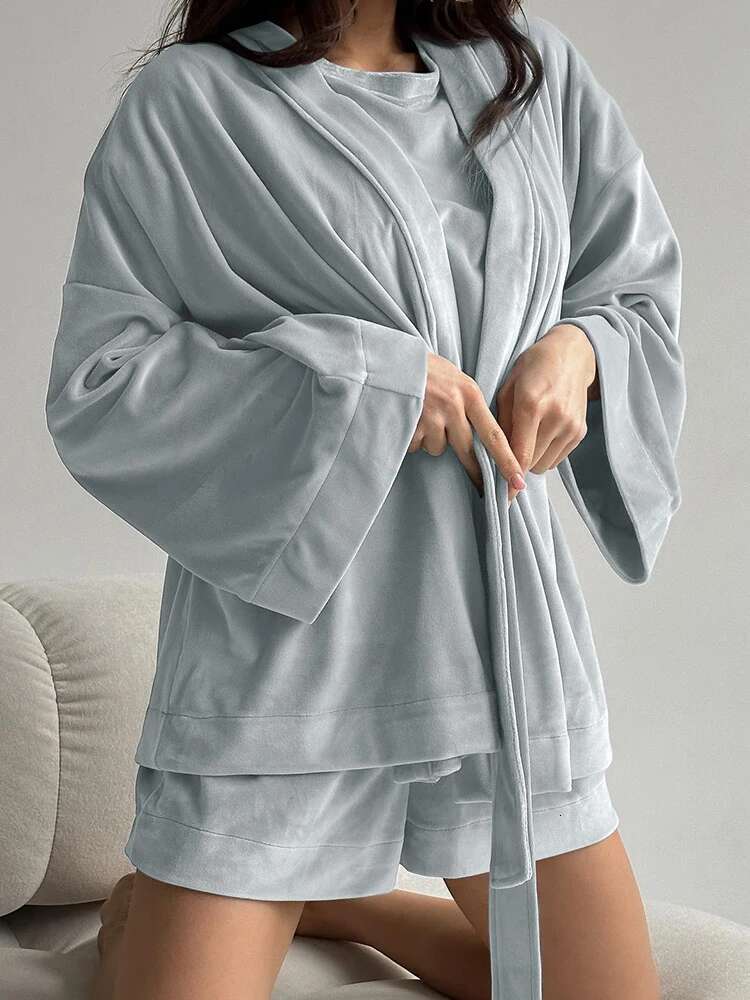 Hiloc Veet Pamas For Women 3 Piece Sets Knitted Long Sleeve Sleepwear Female O Neck Tops Loose Suits With Shorts Casual