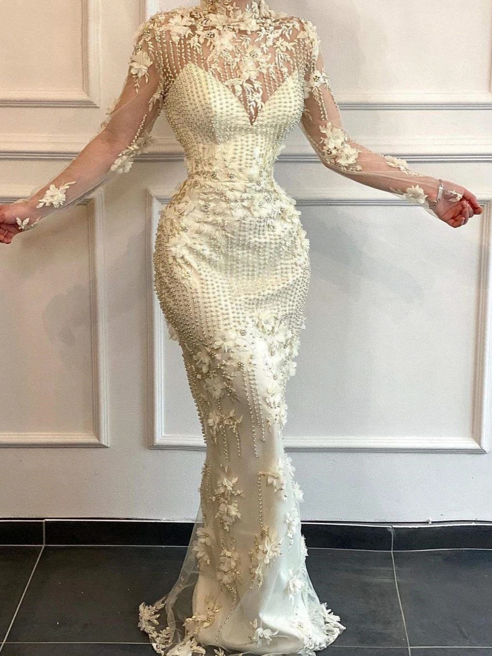 Designer Mermaid Evening Dresses For Women High Collar Long Sleeves Gown Appliques Beaded Customized Dress