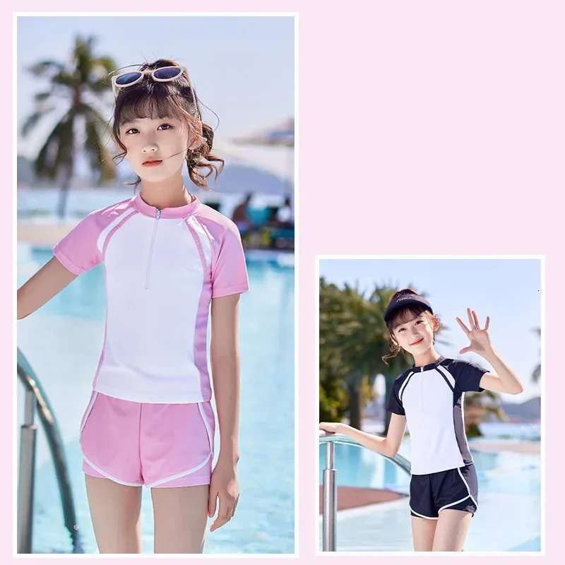 Double layered short sleeved girls swimsuit two-piece summer beachwear L-5XL childrens short sleeved girls swimsuit pink black 250225