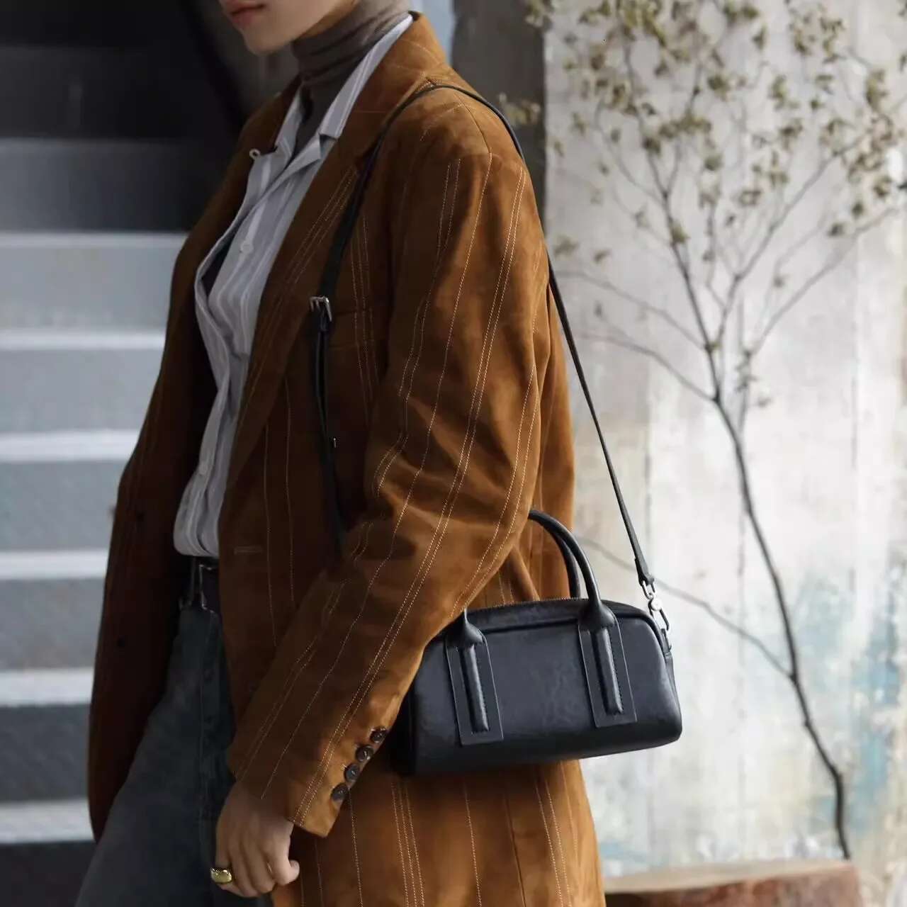 Retro Top-Grain Vegetable Tanning Cow Leather Women Bowg Boston Tote Coffee Color Cowskin Female Handbag Shoulder Bag 24Cm