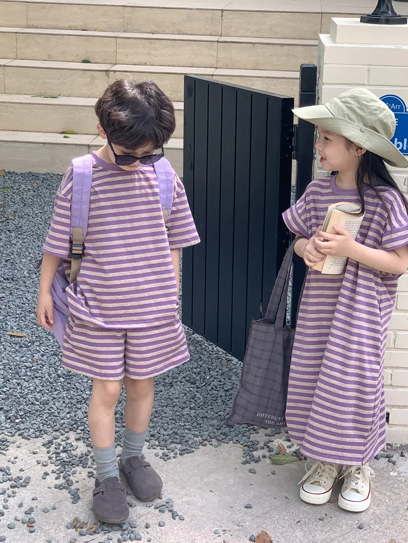 MILANCEL Summer Kids Clothing Set Striped Tee And Shorts Boys Casual Suit Girl Long Dress Brother Sister Clothes 250221