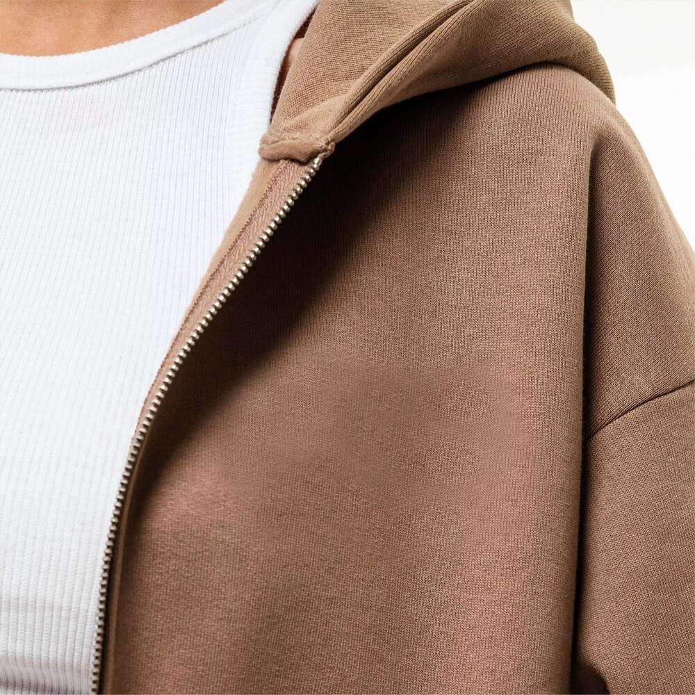 Cotton Korean Trendy Cropped Tan Zip Hoodie Women Soft Knitting Fabric Ribbed Hem For Casual Streetwear Outfits In Winter