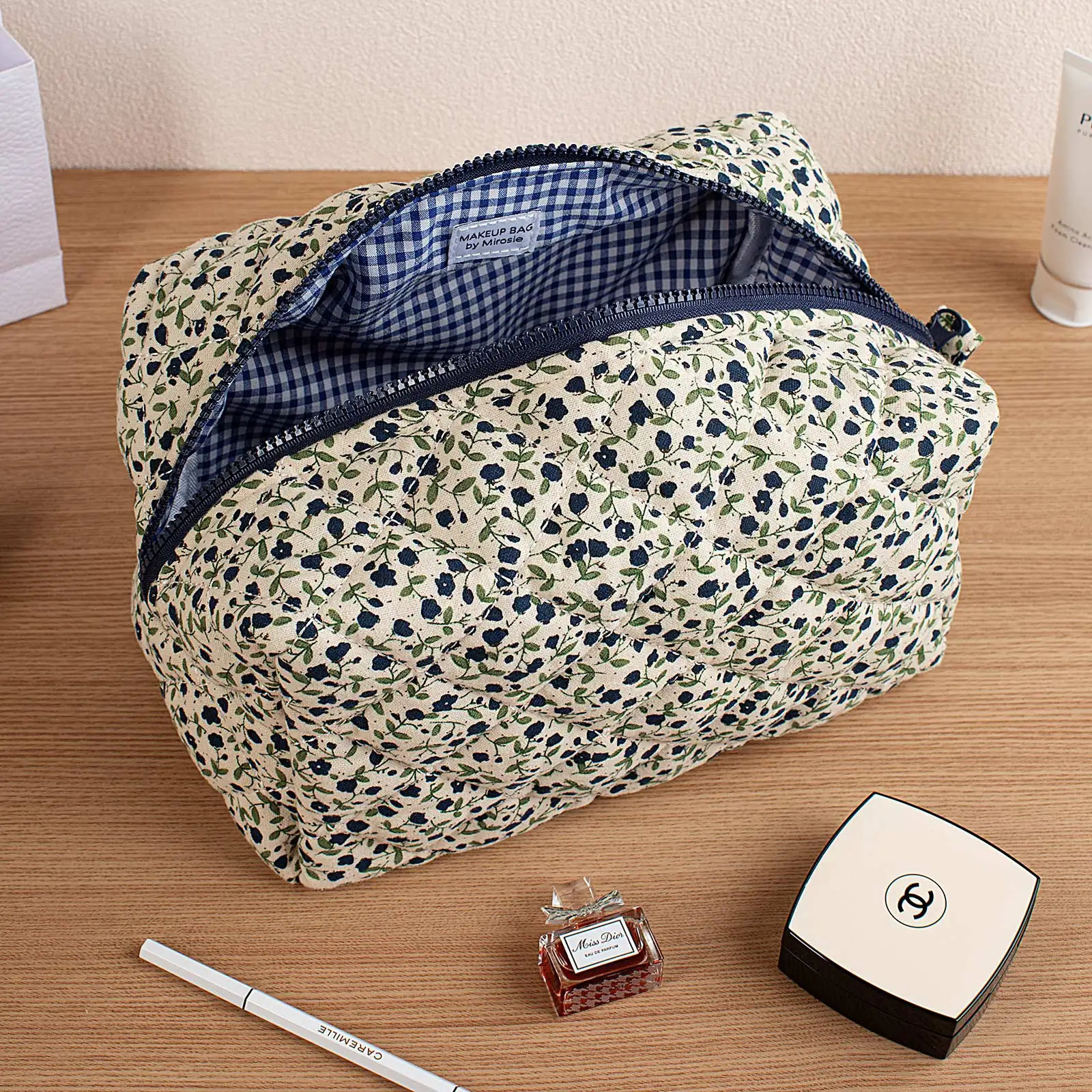 MIROSIE Pretty Navy Blue Floral Print Makeup Bag with Zipper Portable Travel Skincare Storage Pouch Makeup Organizer Big Size 250221