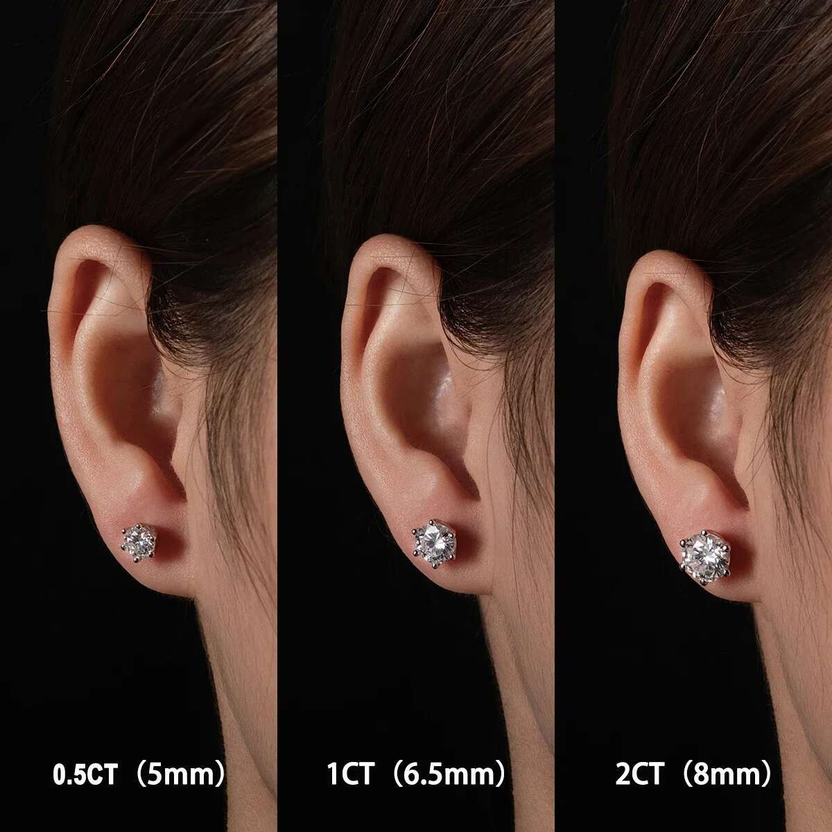 0.5-3ct Round Brilliant Cut Moissanite Solitaire Dia Stud Earrings 6-Prong Set Sier Plated Gold Ear Studs with GRA