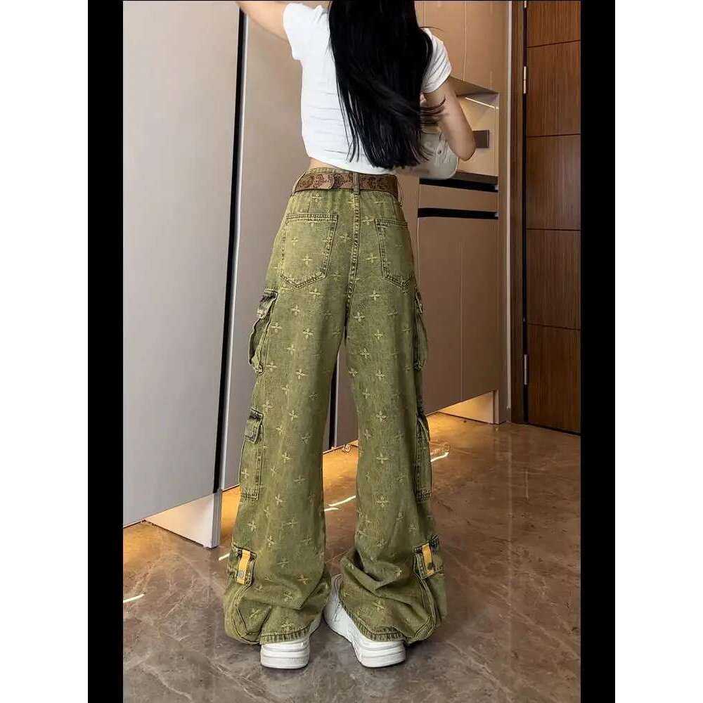 American Retro Vintage Workwear Jeans For Women Summer Multiple Pockets Heavy Embroidery Loose Fit Wide Leg Or Length Pants