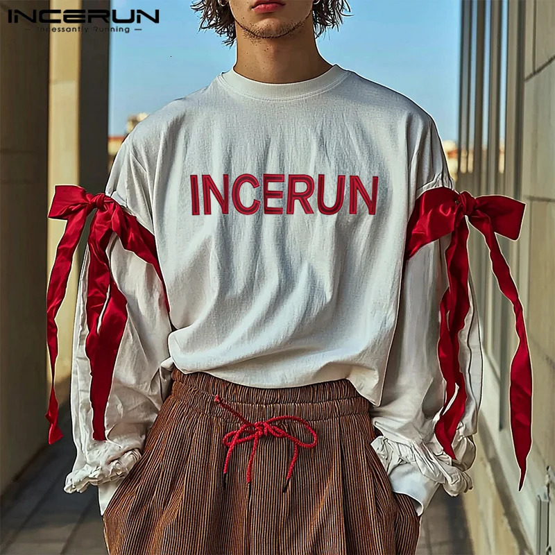INCERUN Tops American Fashion Mens Patchwork Printed Bow T-shirt Mens Street Clothing Personalized Long Sleeve Camiseta 250224