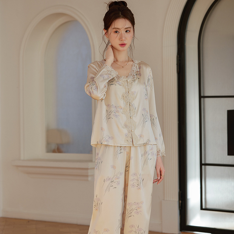 H210 Chinese light luxury pajamas for women Spring national style lace V-neck long-sleeved trousers