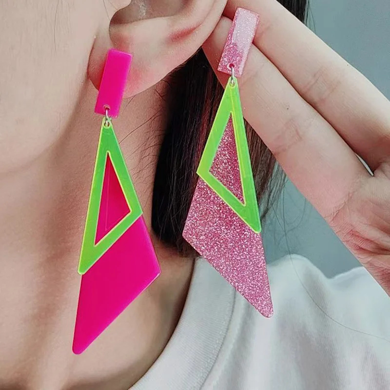 Double Layer Long Triangle Acrylic Earrings with Fluorescent Color Simple and Personalized Fashion Decorative Gift 250210