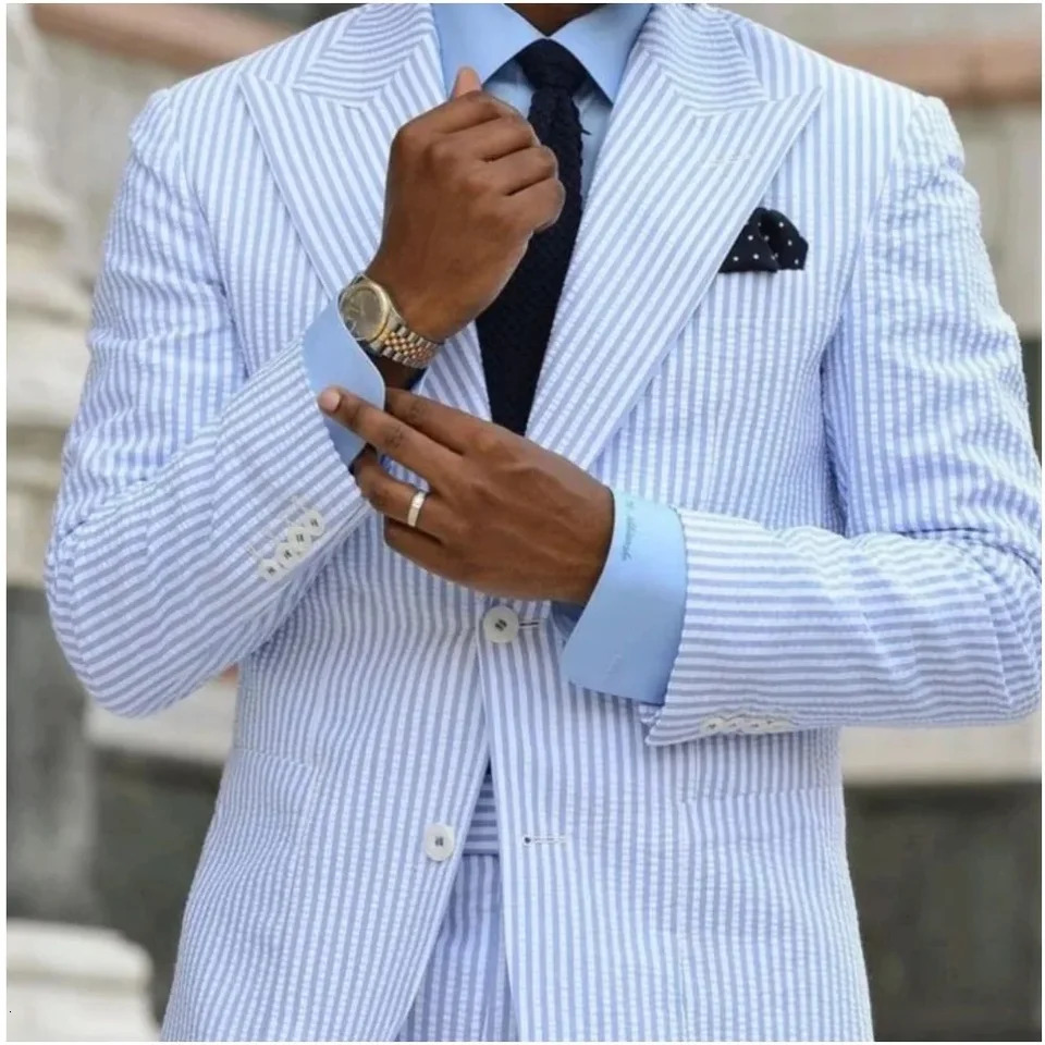 2 Pieces Summer Casual Men Suits Seersucker Stripe Outfits Custom Wedding Groom Tuxedo Costume Homme Peaked Lapel JacketPants 250224