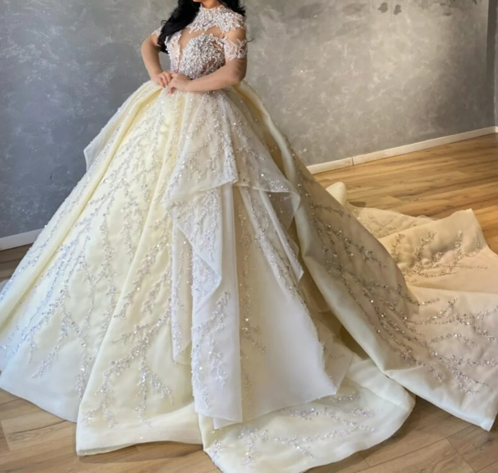 Gorgeous Ball Gown Wedding Dress For Women High Collar Long Sleeves Bridal Gowns Sequins Lace Sweep Train Dresses Custom Made vestidos de novia