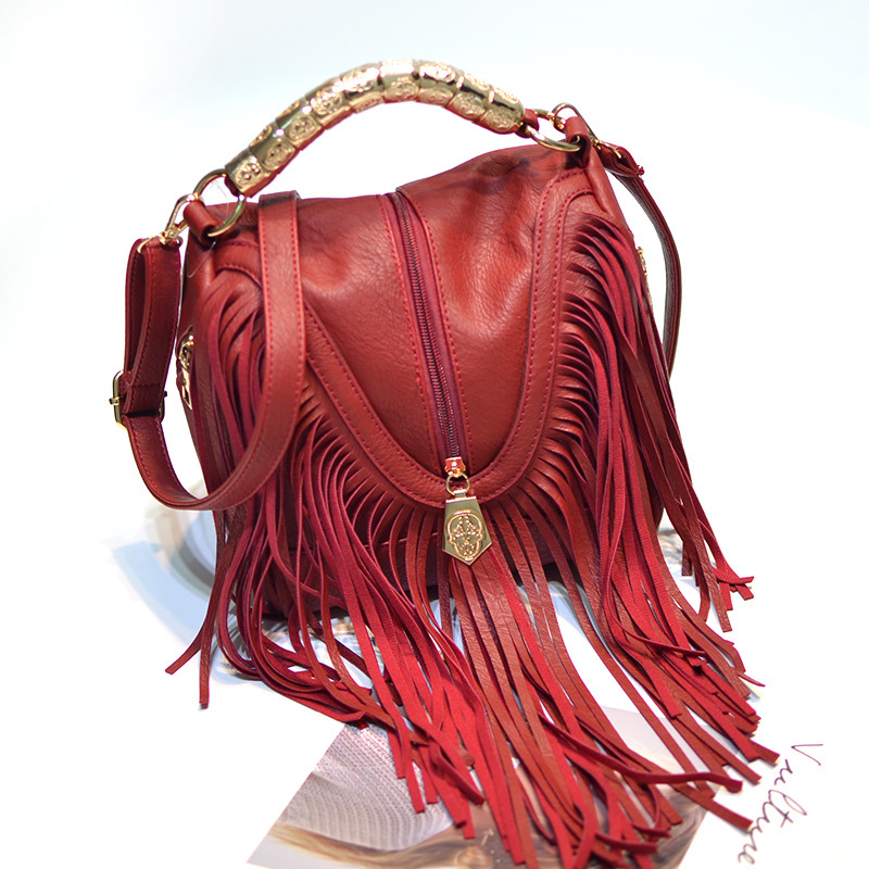 Boho-Chic Large Fringe Messenger Bag Durable Leather Shoulder Handbag