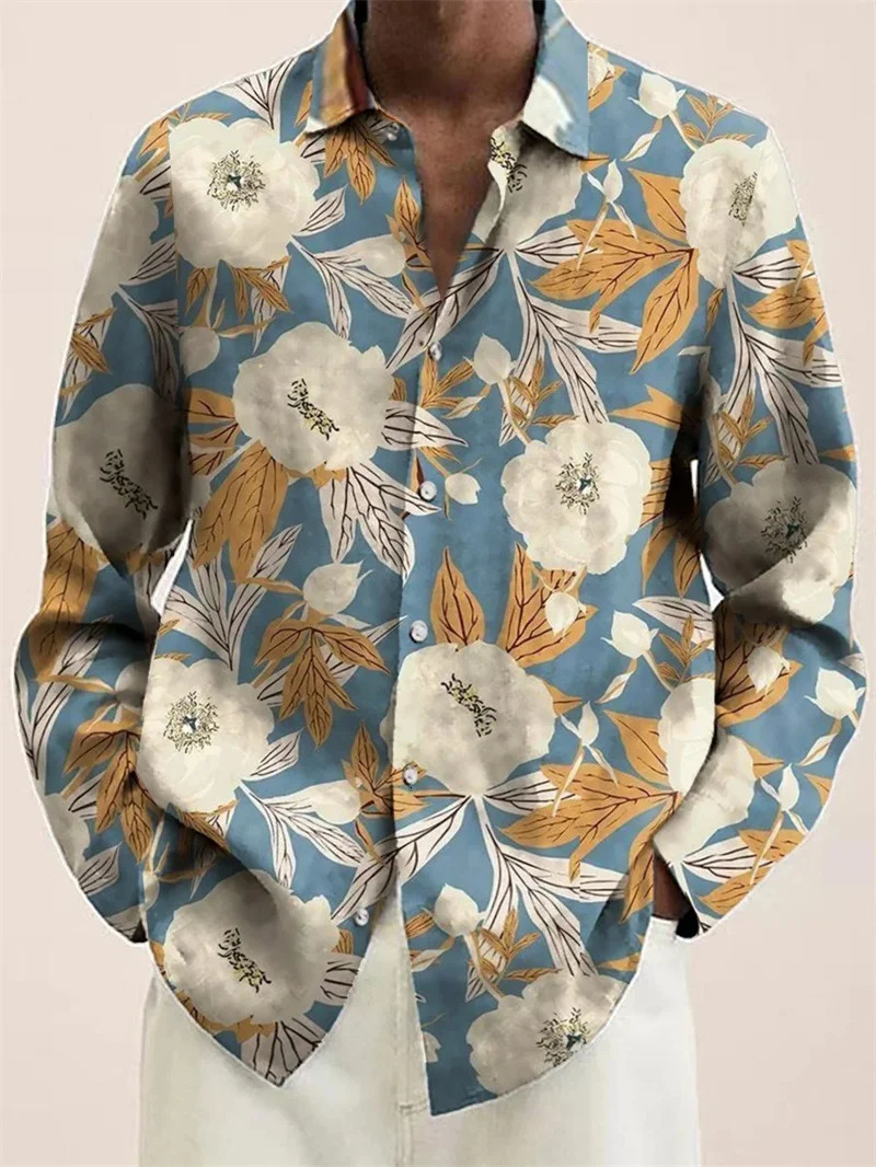 Button up shirt printed with colorful long sleeved streetwear breathable and casual mens shirt clothing 250226