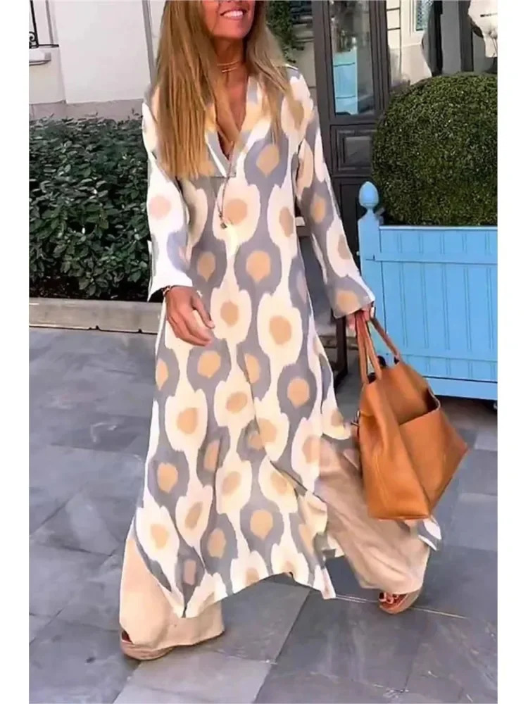 Autumn Causal V NeckWomen Geometric Maxi Dress Long Sleeve Dresses Female Holiday Beach Boho Dress 250225