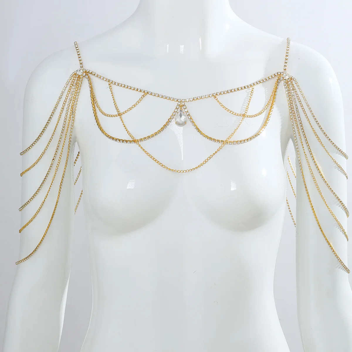 Fashionable Water Drop Pendant Multi layer Rhinestone Chest Chain Party Full Dress Womens Body Chain Jewelry 250225