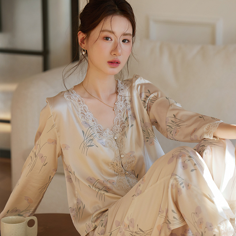 H210 Chinese light luxury pajamas for women Spring national style lace V-neck long-sleeved trousers