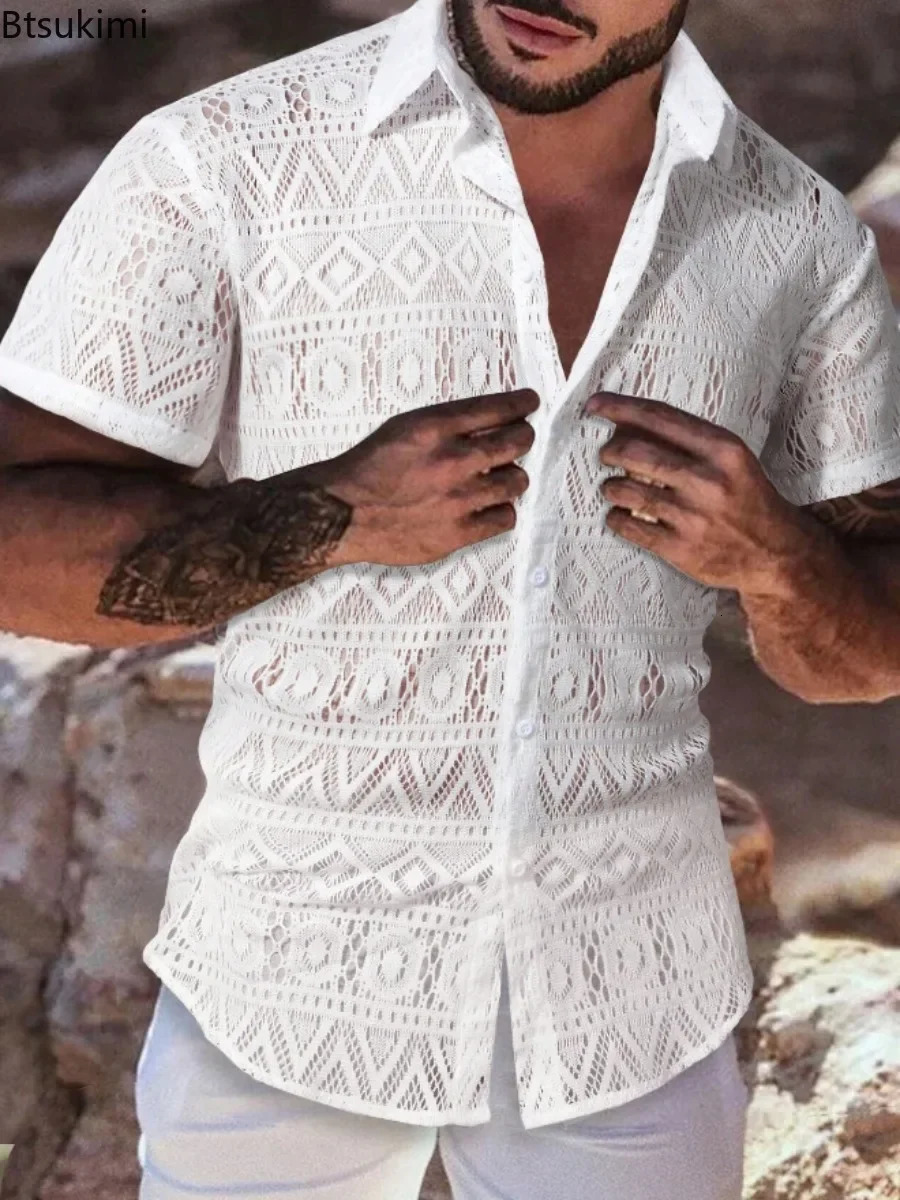 Summer Fashion Mens Lace Hollow Out Shirts Solid Breathable Casual Short-sleeved Cardigan Sexy See Through Mesh Blouse for Male 250222