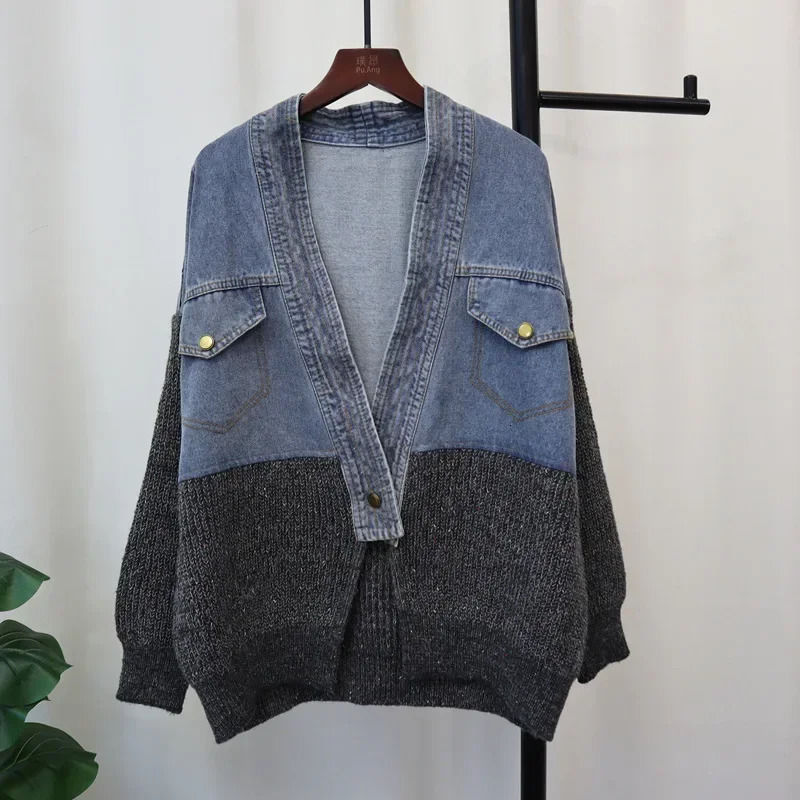 Women Denim Sweater Cardigan Kintted Button Loose Spring Autumn Vintage Winter Streetwear Y2k Jumper Coat Cardigans 250225