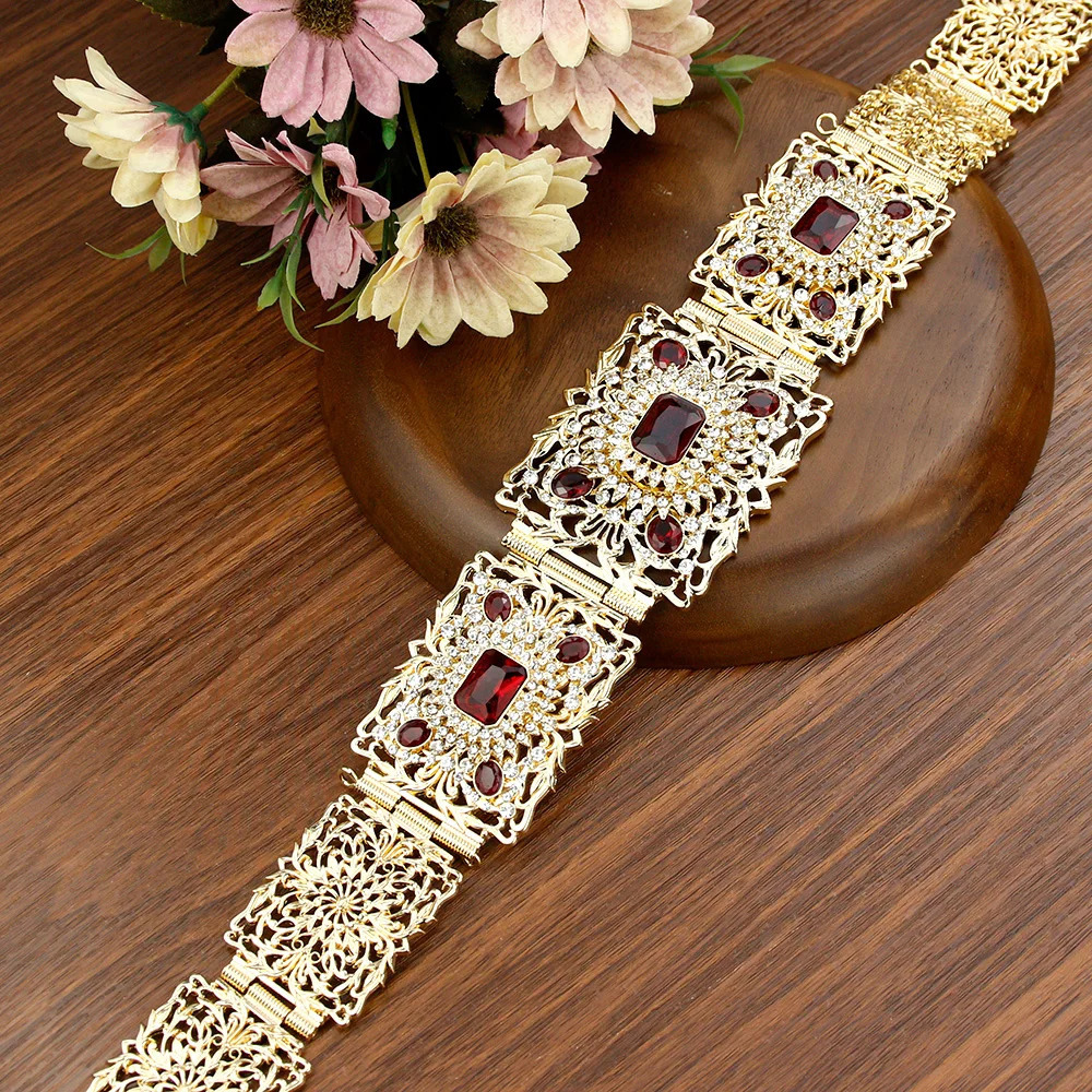 Sunspicems Gold Color Blue Crystal Morocco Caftan Belt For Women Algera Bride Wedding Belt Jewelry Decorative Waist Chain 250225