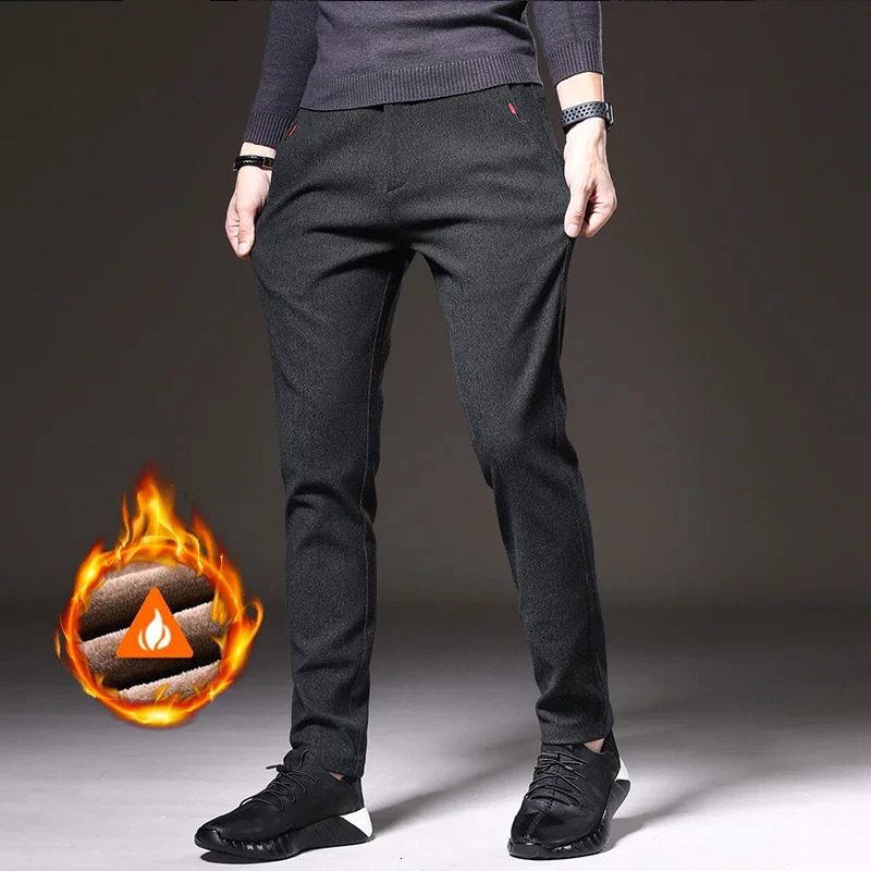 Winter Warm Mens Brushed Casual Pants Business Straight Slim Thick Fleece Trousers Plush Male Clothes 28-38 250226