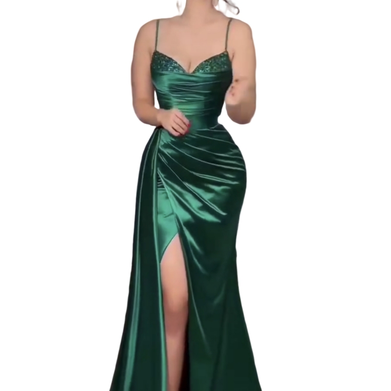 Spaghetti Straps Mermaid Prom Dresses Side Slit Sexy Emerald Green Satin Special Occasion Gowns Beaded Sweetheart Neckline Sleeveless Pageant Evening 