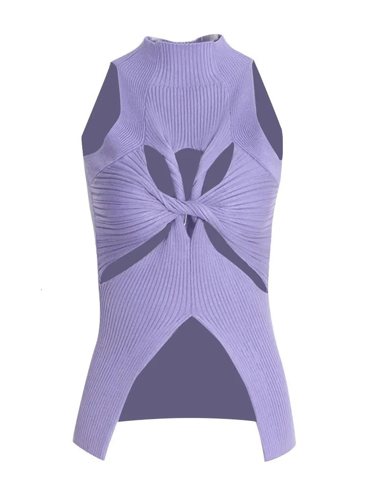 VGH Fashion Minimalist Hollow Out Solid Sexy Tank Tops For Women Stand Collar Sleeveless Off Shoulder Irregular Vest Female 250225