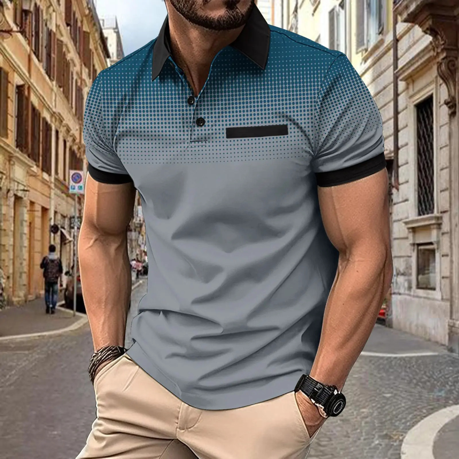 Mens summer gradient printed polo shirt with polo dots for casual sports slim fit and muscular outdoor wear 250225