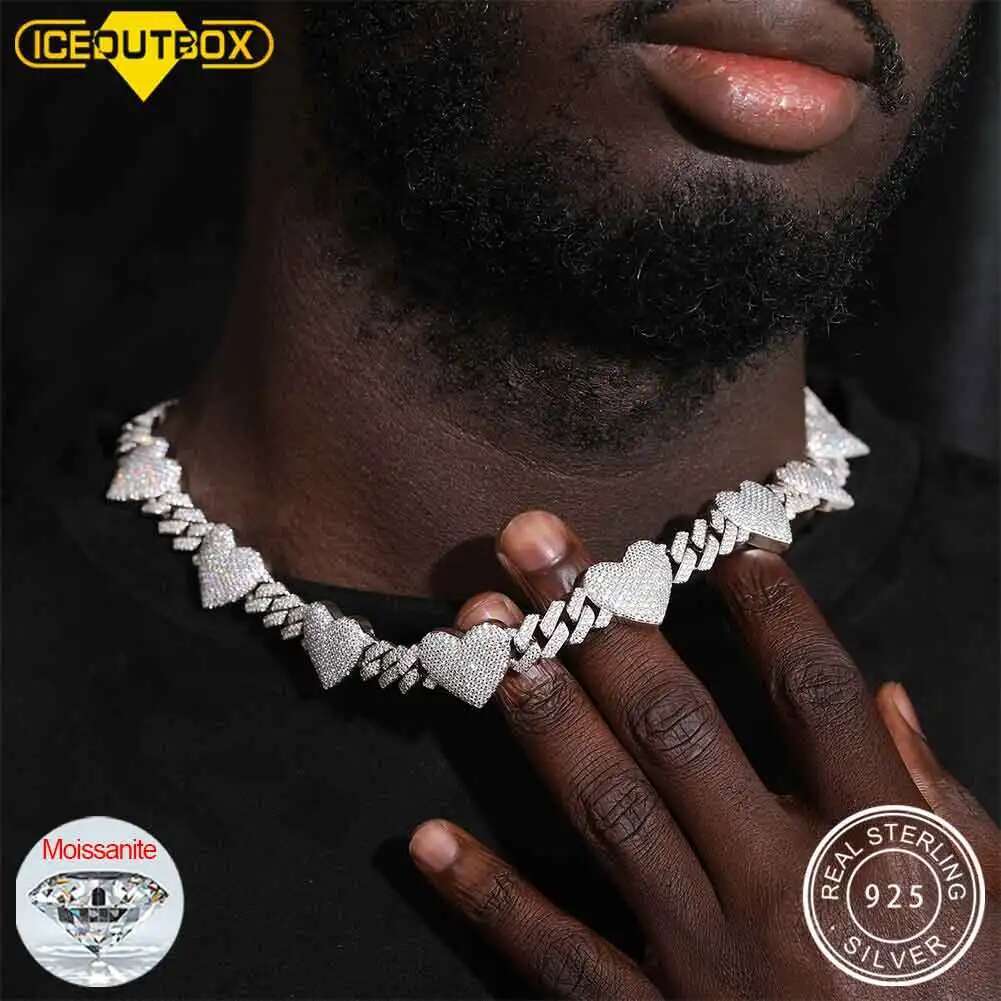 Unisex Iced Out Full Moissanite Heart Cuban Chain For Man Women Sterg Sier Hip Hop Jewelry Necklace Pass Dia Test