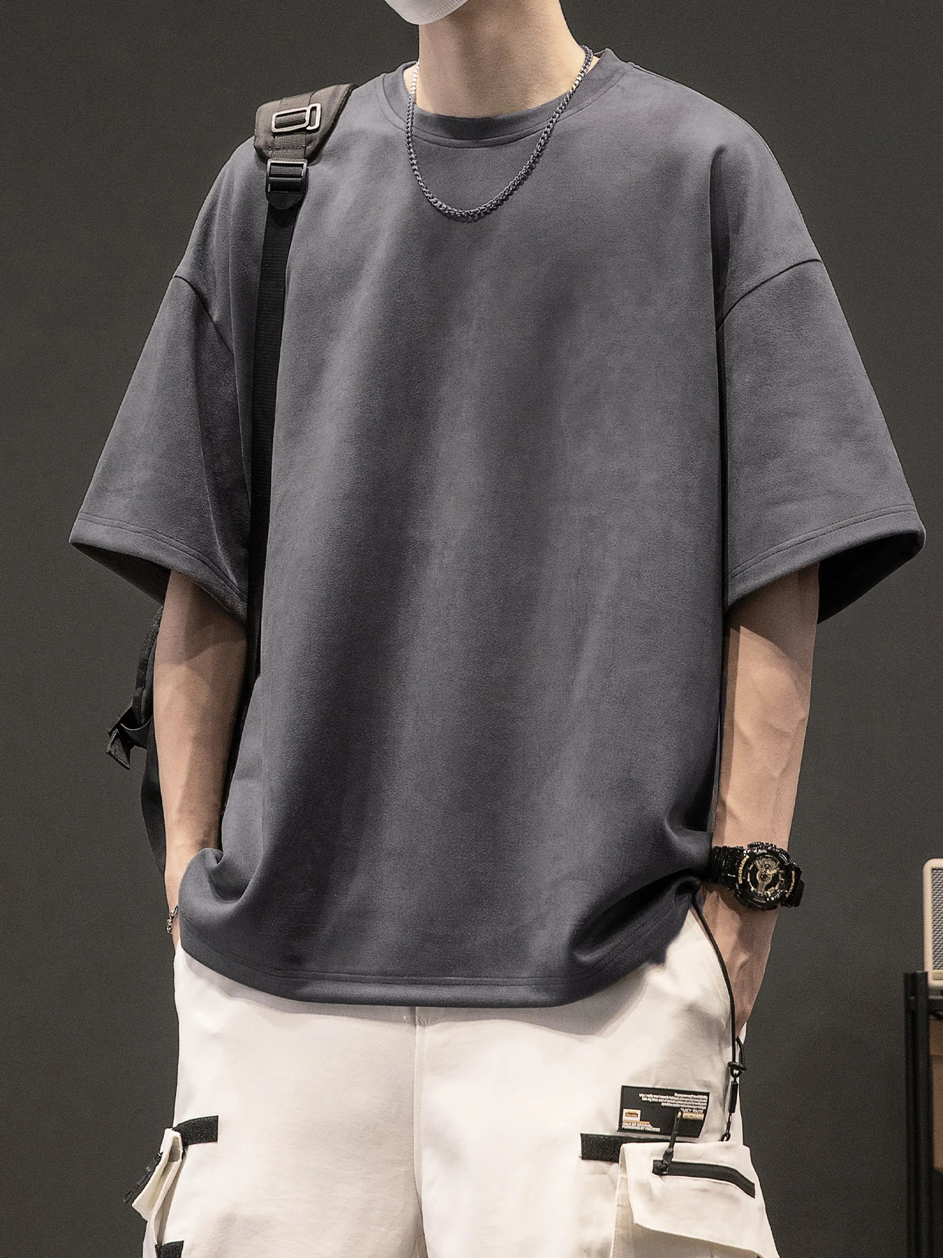 Mens Summer American Suede Top Fashion Casual Vintage Short Sleeve Versatile T-shirt 250225