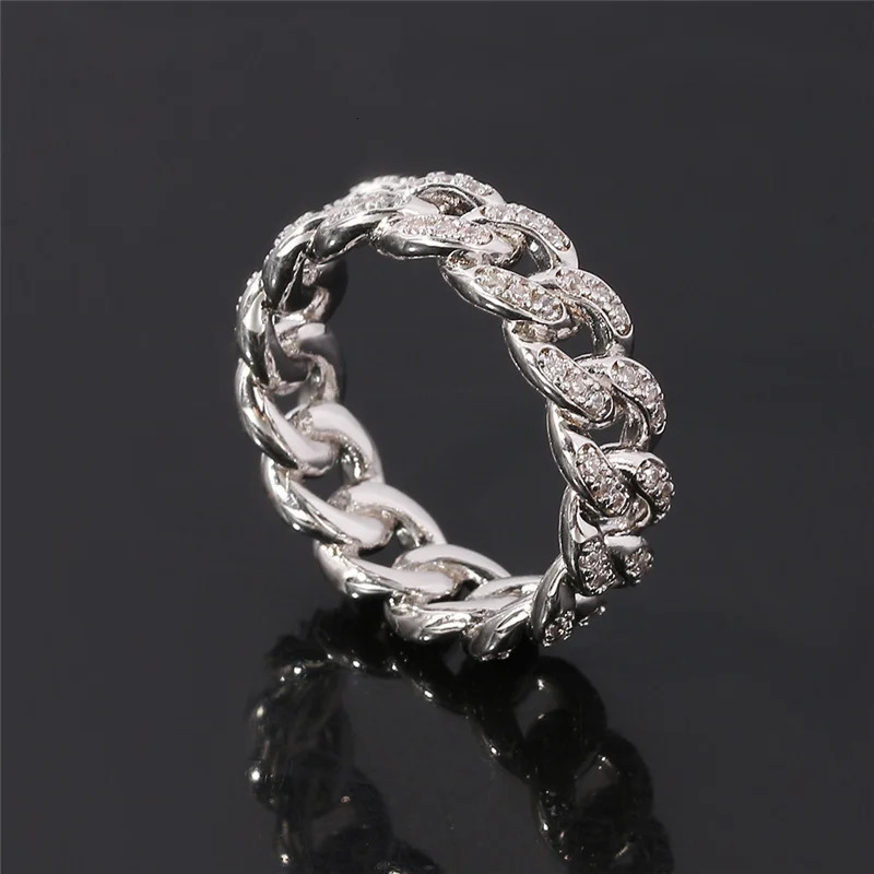Hiphop Ring Silver Color Cuba Chain Ring Iced Out Paw Setting Micro Crystal Ring For Woman Men Engagement Wedding Finger Jewelry 250225