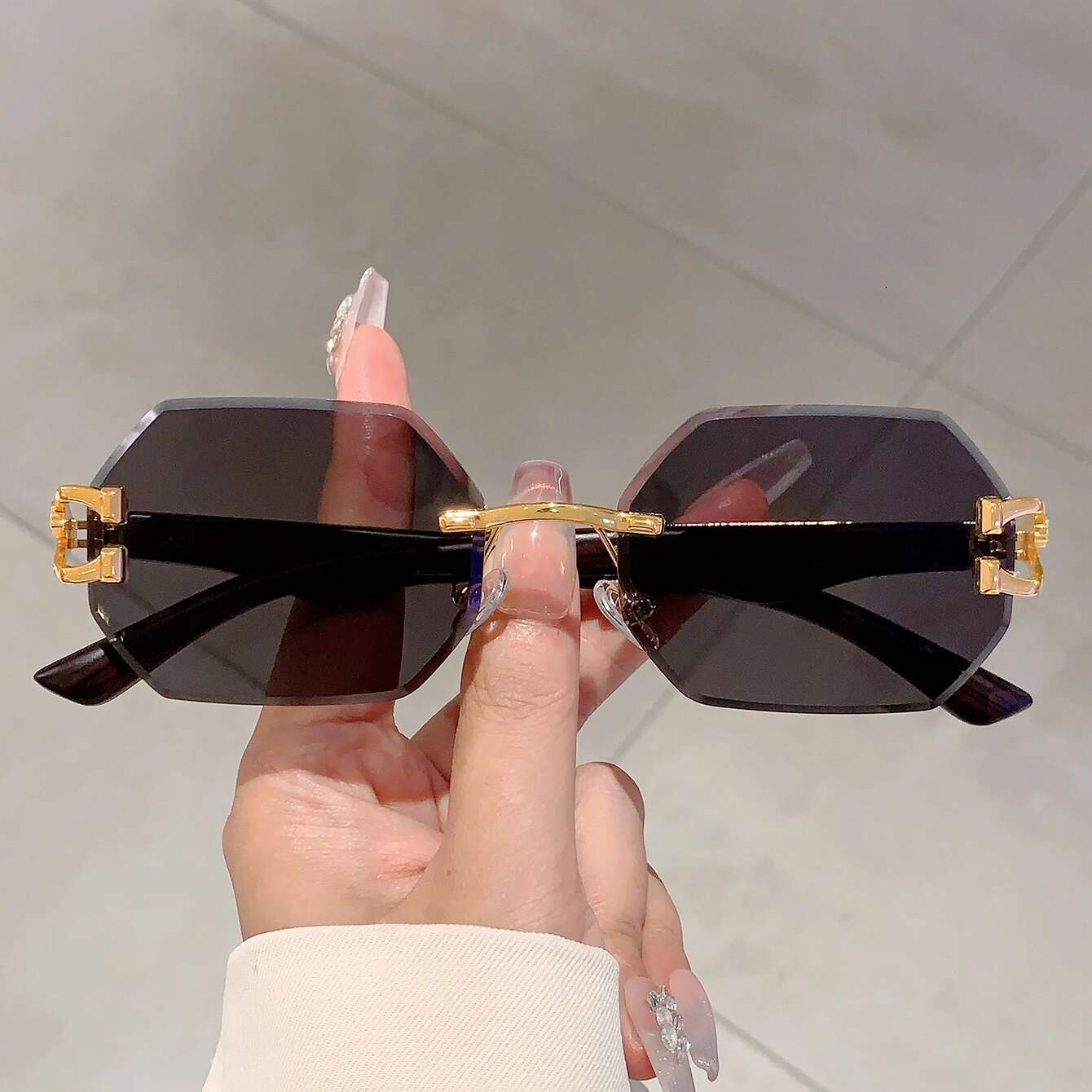 KAMMPT Vintage Rimless Polygon Shades Brand Gradient Women's Sunglasses Fashion Leopard Decor Travelg Sun Glasses