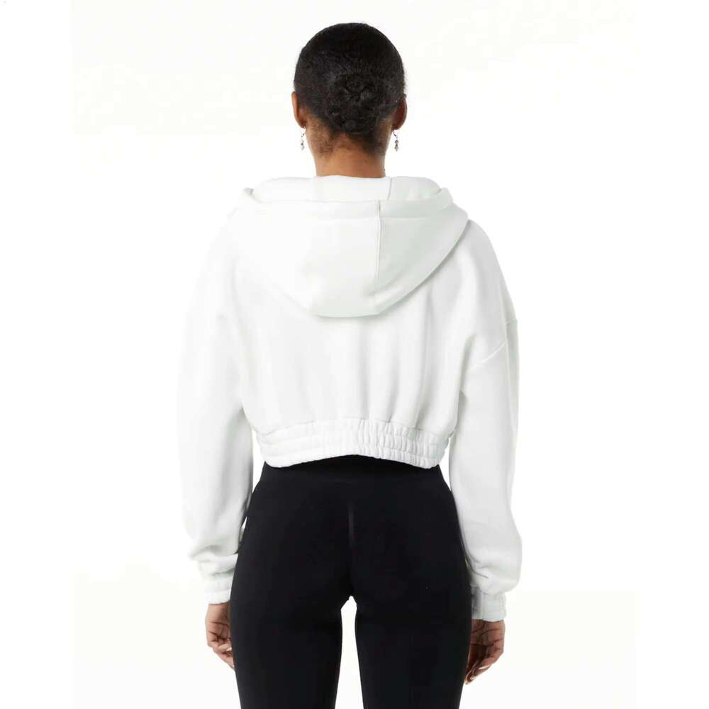 55% Cotton, 45% Spandex Drop Shoulder Style Oversized Cropped Fit White Women Classic Capital Full-Zip Crop Hoodie