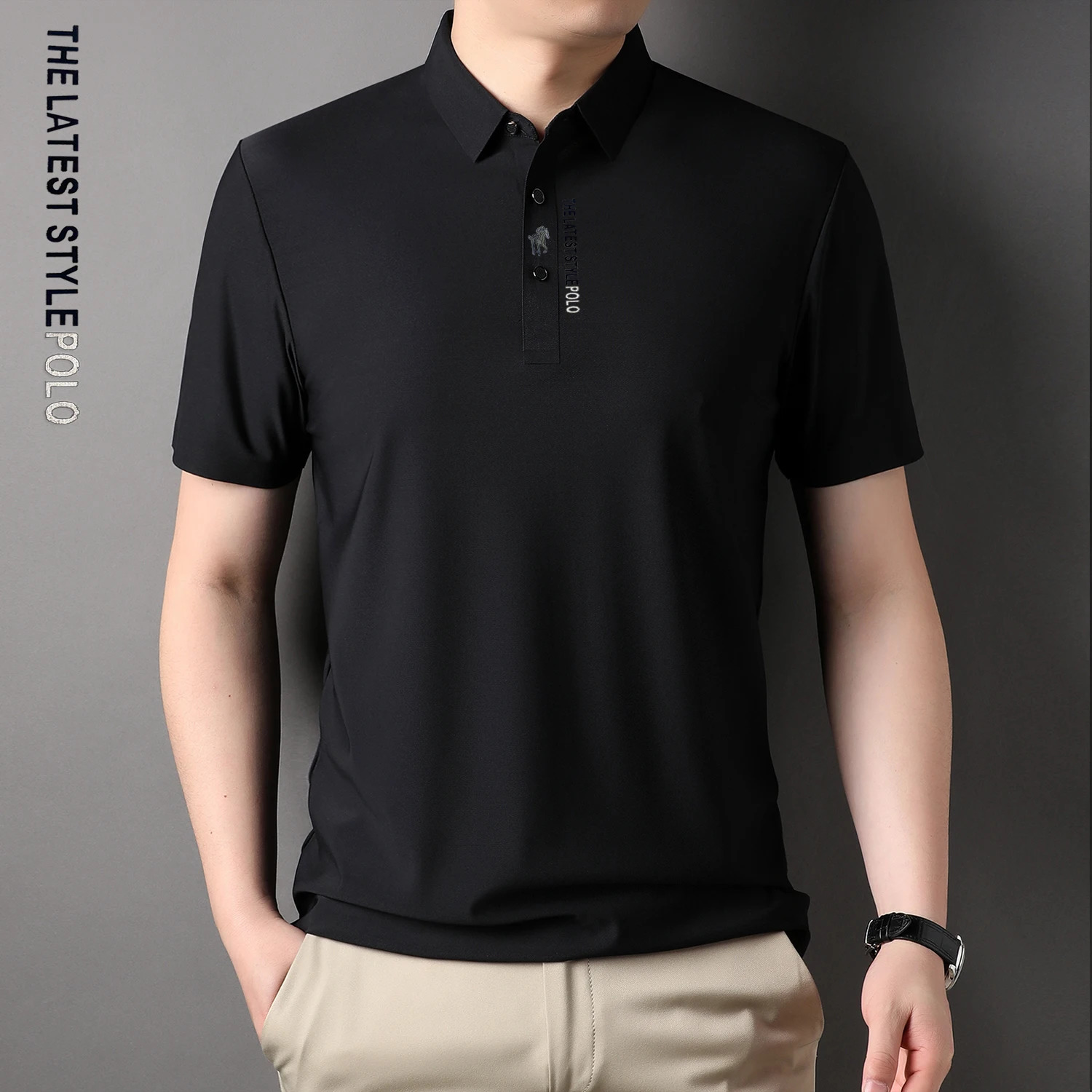 Ice Silk Embroidery Polo Shirt Summer Lapel Elasticity T-shirt Korean Fashion Short Sleeve Business Casual Men Clothing 250222
