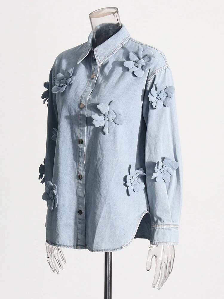 Solid Patchwork Appliques Loose Denim Jackets For Women Lapel Long Sleeve Spliced Button Minimalist Coats Female