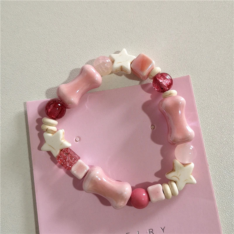 Cute Y2K Harajuku Aesthetic Pink Acrylic Ceramic Star Beaded Bracelet For Girl EMO 2000s Charm Jewelry Accessories Birthday Gift 250225