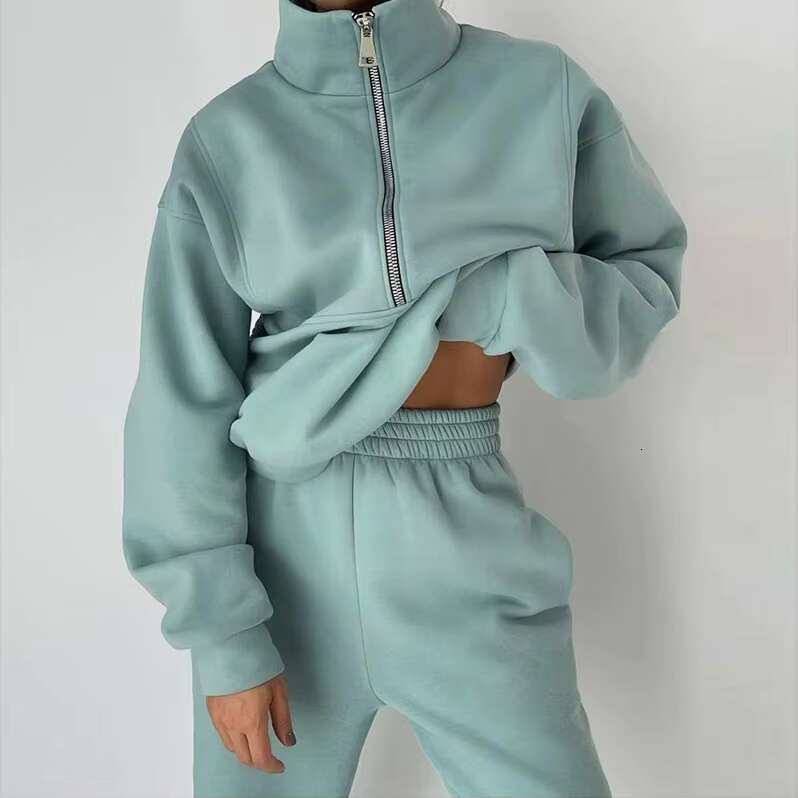 2 Piece Half Zip Up And Jogger Women Blank Sports Casual Winter Fleece Tracksuit Hoodie Set