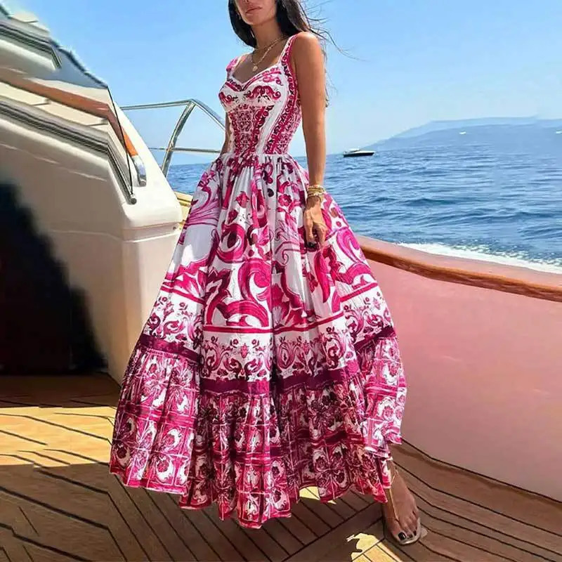 2025 Summer European And American Womens Fashion Bohemian Elegant Light Midi Length Printed Strap Dresses250222