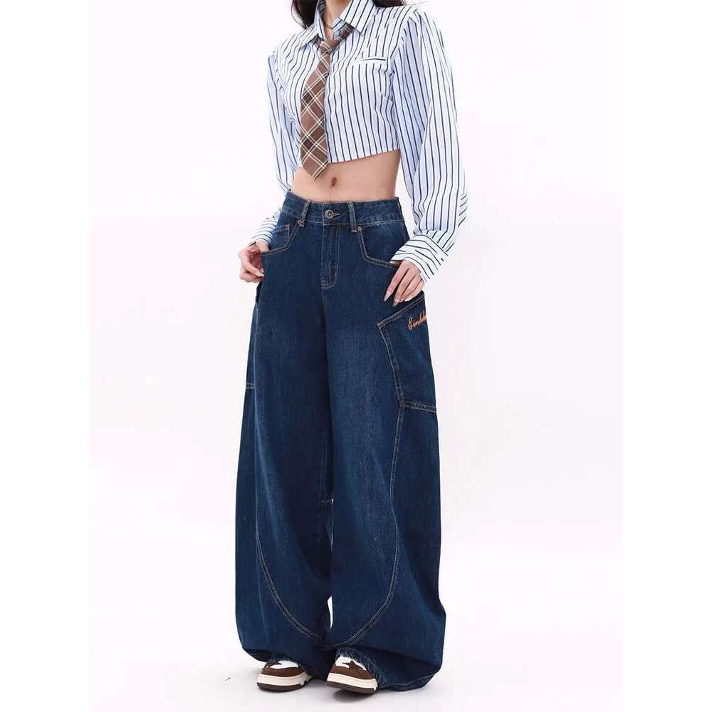 WCFCX STUDIO Women's Wide Leg Jeans American Vintage Street Style High Waisted Casual Trousers Design Sense Niche Baggy Pants