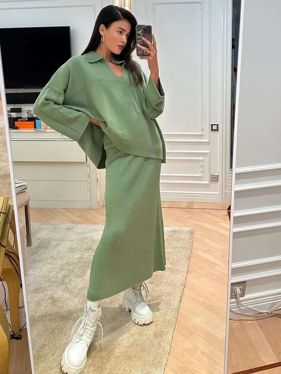 Bornladies Autumn Winter Women V-Neck Sweater Skirt Fashion Solid Basic Pullover Top Warm Loose Knitted 2-Piece Set