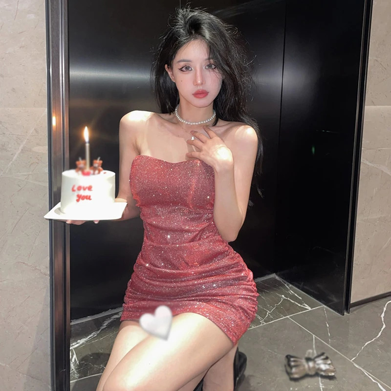 Womens Sequins Bandeau Dress Sexy Pleated Backless with Bra Pads Party Dress Nightclub Bodycon Dress 250225