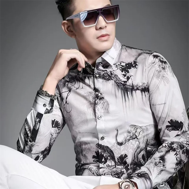 Y2K Men Fashion Printed Vintage Shirt Spring Hawaiian Mens Long Sleeve Casual Beach Shirts Man Tops Chemises Hommes 250226