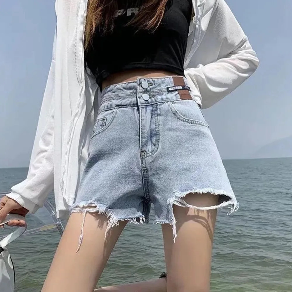 Feynzz Fashion Summer Women High Waist Button Wigh Leg Jeans Shorts Casual Female Loose Fit Blue Denim Shorts 250226