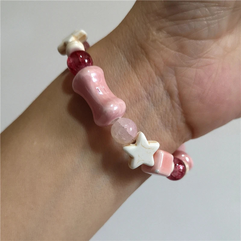 Cute Y2K Harajuku Aesthetic Pink Acrylic Ceramic Star Beaded Bracelet For Girl EMO 2000s Charm Jewelry Accessories Birthday Gift 250225
