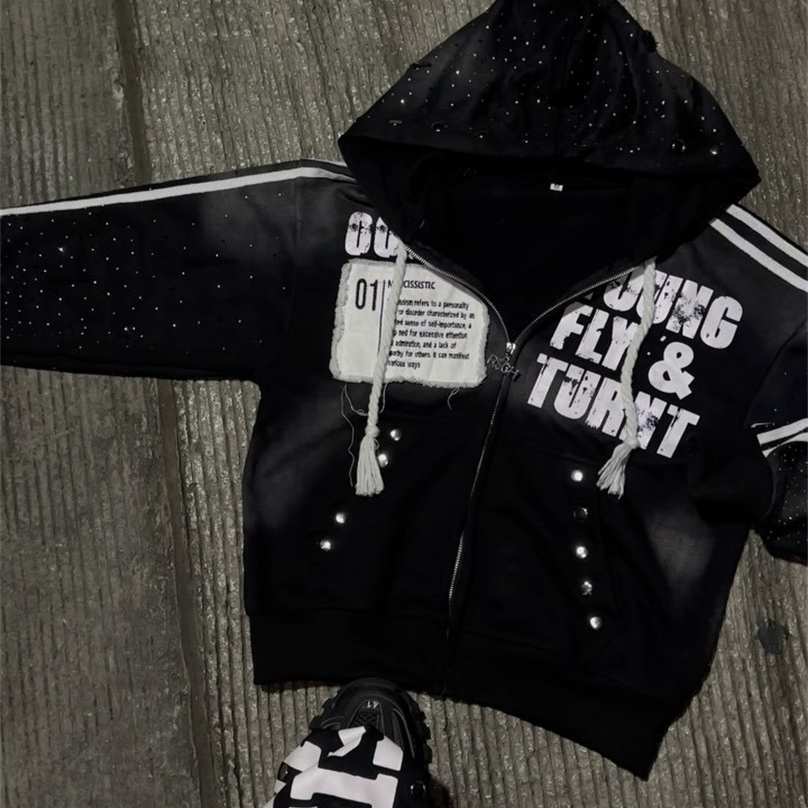 Gothic Punk Hip Hop Washed Hoodie Y2k Retro Klein Stone Stripe Embroidery Zip Up Hoodies Rock Harajuku Men Women Streetwear 250225