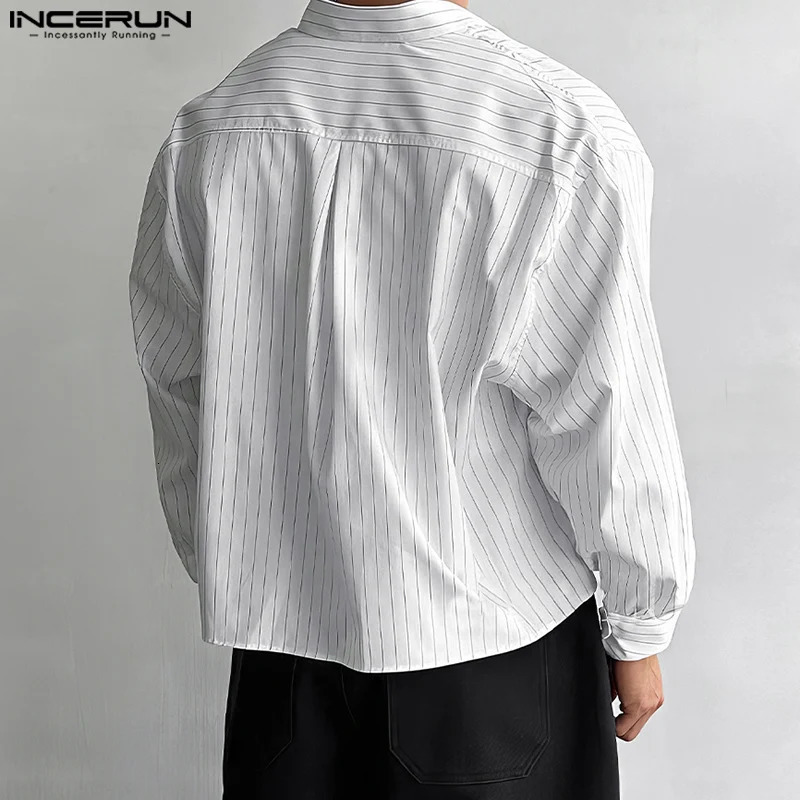 INCERUN Tops Korean Style Mens Casual Simple Striped Cropped Shirt Fashion Streetwear Male Selling Long Sleeved Blouse 250224