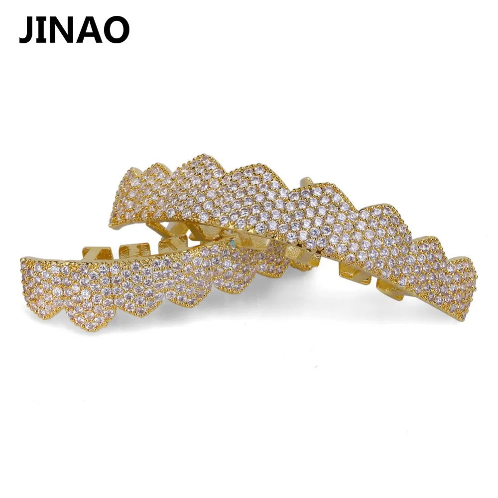 JINAO Gold Silver-Color Iced Out Gold Crystal Jewelry Top Bottom Grills Teeth Body Jewelry Hip Hop Bling Cubic Zircon 250220