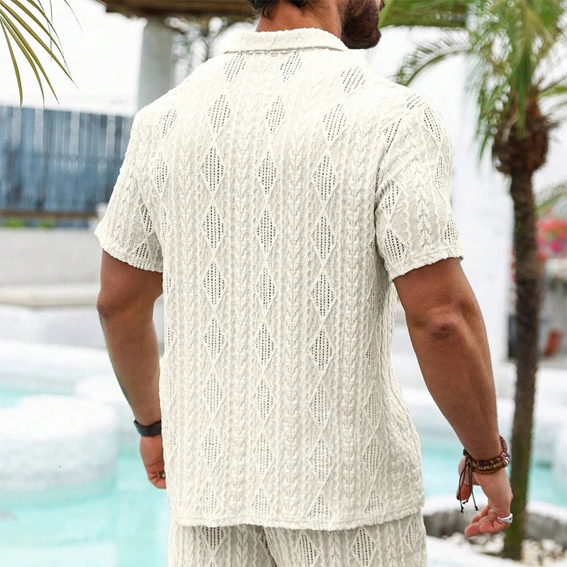 Beach Casual Breathable Mesh Lace Shirt Men Summer Vintage Hollow Out Lapel Button-up Cardigans Mens Shirts Short Sleeve Shirts 250222